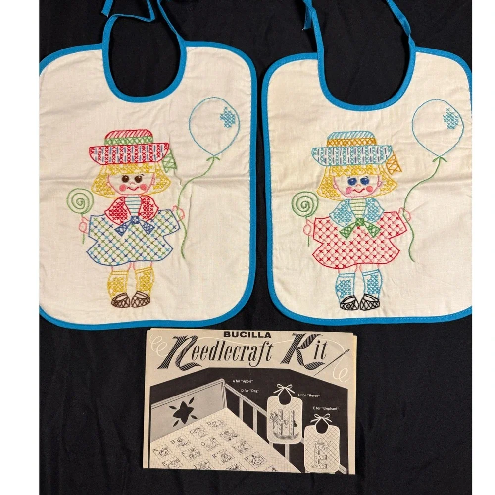 Vintage‎ Bucilla Alphabet Quilted Crib Cover and Bibs Set Hand Embroidered 70s
